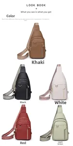 Litchi pattern leather chest bags shown in khaki, black, white, red and light green colors