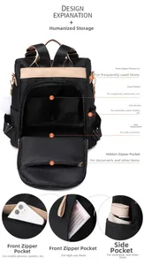 Détails du sac à dos en nylon noir de grande capacité avec ses fonctions de rangement