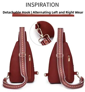 Detail of the detachable golden hooks and alternate side carry design of this red chest bag