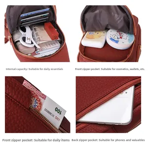 Detailed internal compartments of burgundy leather sling bag with multiple card slots