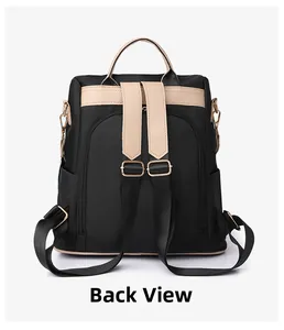 Vue arrière du sac à dos en nylon avec fermeture éclair antivol et bretelles en cuir beige