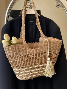 Bolso Tote de Paja Tejida Bohemio para Mujer Bolso de Hombro de Playa de Gran Capacidad Con Borla Hecho a Mano Verano