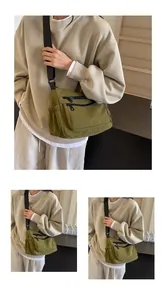 Detail of green nylon crossbody bag showing multiple zipper pockets and side drawstrings