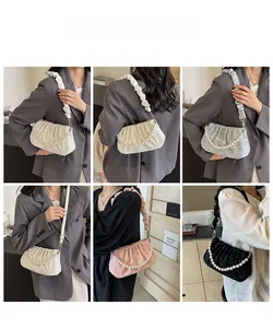 Collage of model wearing pleated cloud bag with pearl strap in various stylish colors