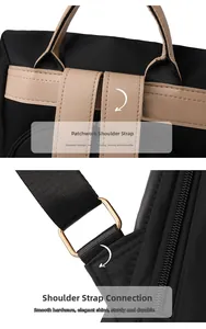 Détails des bretelles en cuir contrasté et ferrures dorées sur sac à dos noir