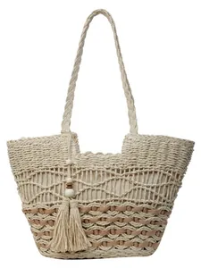 Bolso tote bohemio de paja con diseño de ondas, borlas y correas de hombro