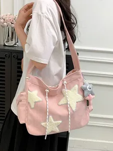 Sac Fourre-tout Mignon en Velours Côtelé avec Étoiles pour Femmes Grande Capacité Sac à Bandoulière Étudiant avec Pendentif