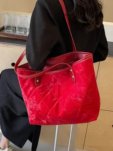 Large Capacity Rhombic Quilted Velvet Tote Bag For Women Fashion Streetwear Commuter Shoulder Bag Soft Casual Handbag