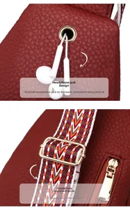 Detail of red-brown crossbody bag with earphone port and geometric woven shoulder strap