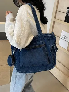 Borsa Tote in Denim di Grande Capacità da Donna Borsa a Tracolla Retro Lavata Con Portamonete Rotondo