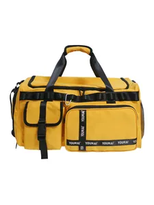Waterproof yellow travel duffel bag with black straps and multiple pockets for gym and travel