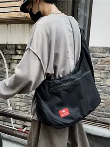 Men Large Capacity Canvas Crossbody Bag Casual Streetwear Messenger Bag With Adjustable Wide Strap Black Solid Hobo Shoulder Bag For Men Students
