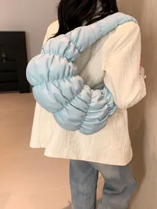 Light blue puffer cloud shoulder bag for women with soft pleated PU leather texture