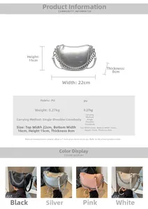 Detail view of crescent crossbody bag with size specifications and chain strap features