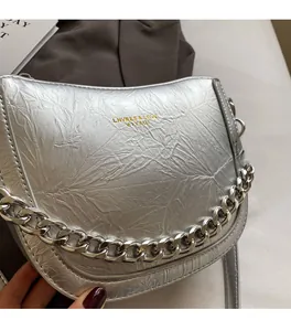 Close-up of silver chain handbag featuring pleated texture and polished metal hardware