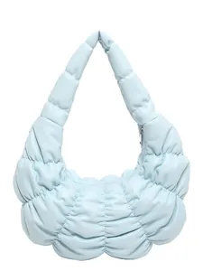 Light blue quilted puffer cloud bag with ruched design and soft shoulder strap