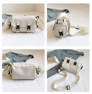 Detailed views of creamy white messenger bag showing straps and buckle closure