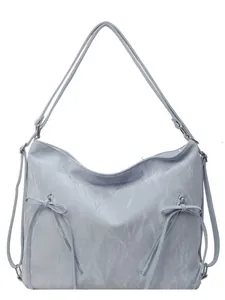 Pastel blue multifunctional tote backpack with pleated texture and bow detail