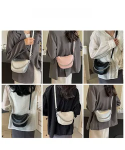 Collage of chic crescent bags with chunky silver chain in silver, pink, black and beige