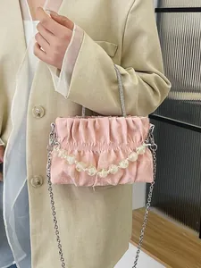 Women Fashion Pleated Cloud Handbag PU Leather Rhinestone Handle Artificial Pearl Bead Chain Crossbody Shoulder Bag Elegant Lady Gift