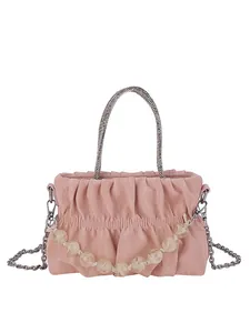 Pink pleated ruched handbag with rhinestone handle and decorative beaded metal chain