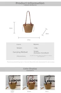 Detailed size guide for woven straw bucket bag with leather handles and dimensions