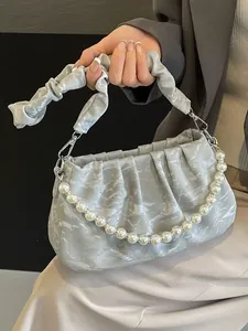 Modische Geraffte Cloud Schultertasche Für Damen Künstliche Perlenkette Elegante PU Leder Plissee Umhängetasche Für Den Alltag Party