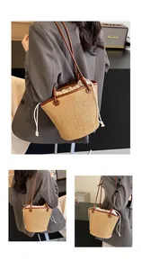 Multiple views of straw woven bucket bag with brown leather straps and drawstring closure