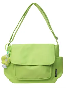 Levendige limoengroene canvas tas met zonnebloemhanger en TAIMEIBUYI-merklabels