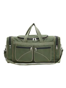 Olive green travel duffel bag with beige trim and multiple pockets for luggage storage