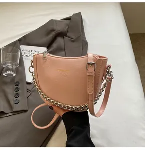 Close-up of pink saddle bag with silver chain strap and gold logo details