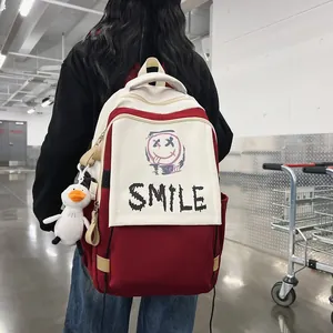 Mode Hohe Kapazität Schüler Schultag Rucksack Trendy Smile Graffiti Buchstabendruck Nylon Laptoptasche Für Herren Damen College Reiserucksack