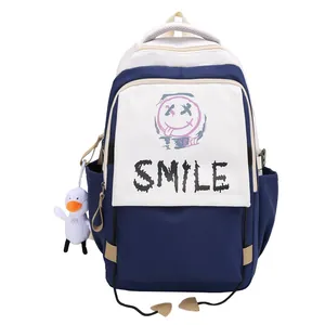 Navy-weißer minimalistischer Schulrucksack mit Smile-Grafik und Plüsch-Ente Anhänger