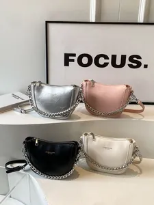 Chic ruched half-moon crossbody bag with silver chain strap in four assorted colors