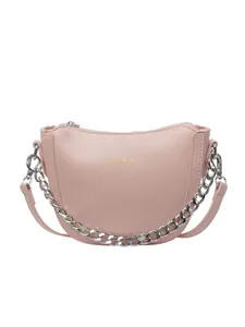 Pink crescent moon bag with textured finish, silver chain handle and shoulder strap
