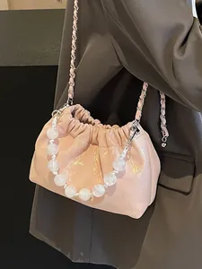 Damen Geraffte Samt Eimertasche Mit Perlengriff Metallkette Neuer Chinesischer Stil Schulter Umhängetasche Vielseitige Mode Tasche