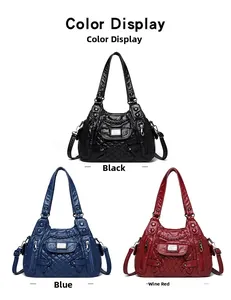 Detailed view of quilted multi-pocket bags in black, blue, and wine red leather options