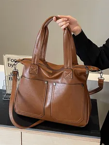 Large Capacity PU Leather Tote Bag For Women Vintage Shoulder Crossbody Handbag With Metal Rivets And Detachable Strap