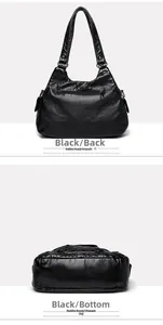 Detail view of black pebble leather bag showing back zipper pocket and wide bottom base