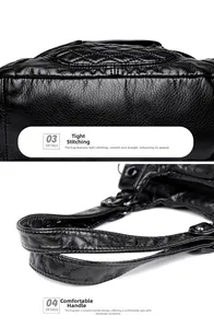 Detail of black quilted leather stitching and ergonomic curved double handles on handbag