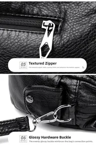 Detail of lychee pattern leather with silver metal zipper and glossy hardware buckles