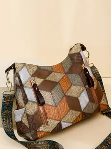 Borsa Tote Vintage Patchwork Geometrico Per Donna Pelle PU Grande Capacità Borsa a Tracolla Con Tracolla Larga Etnica