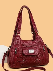 Wine red large capacity multi-layer soft leather shoulder bag for women with diamond quilting