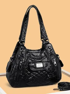 Black soft leather shoulder bag for women with quilted pattern and multi-pocket design