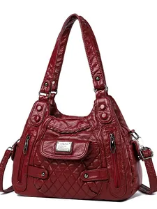 Classic wine red quilted multi-layer faux leather shoulder bag for elderly women