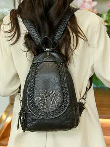 Women's Vintage PU Leather Backpack Multi-functional Chest Sling Bag With Floral Embroidery Studded Cat Pattern Black