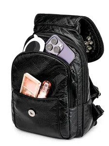 Black vintage wrinkled leather backpack with gold floral embroidery and multiple compartments