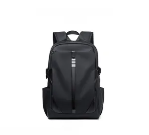Detail of waterproof black casual backpack with vertical zipper and side pocket