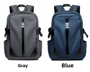 Detail view of water-resistant business backpacks shown in grey and blue color options