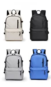 Matrix layout of waterproof backpacks in cream, black, gray, and blue colors